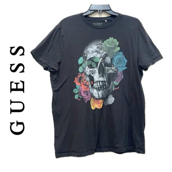 GUESS T-SHIRT SKULL ROSES GRAPHIC PRINT SIZE LARGE BLACK EMO GOTHIC CORE - Picture 1 of 12
